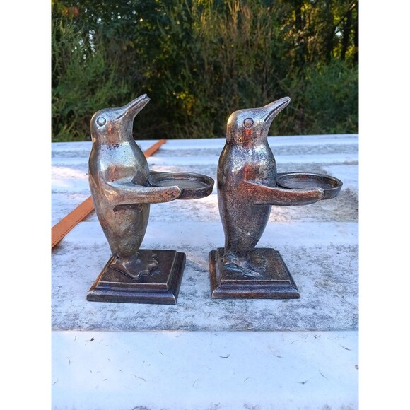 Set of Two Silver Penguin Candle Holders - Picture 1 of 6